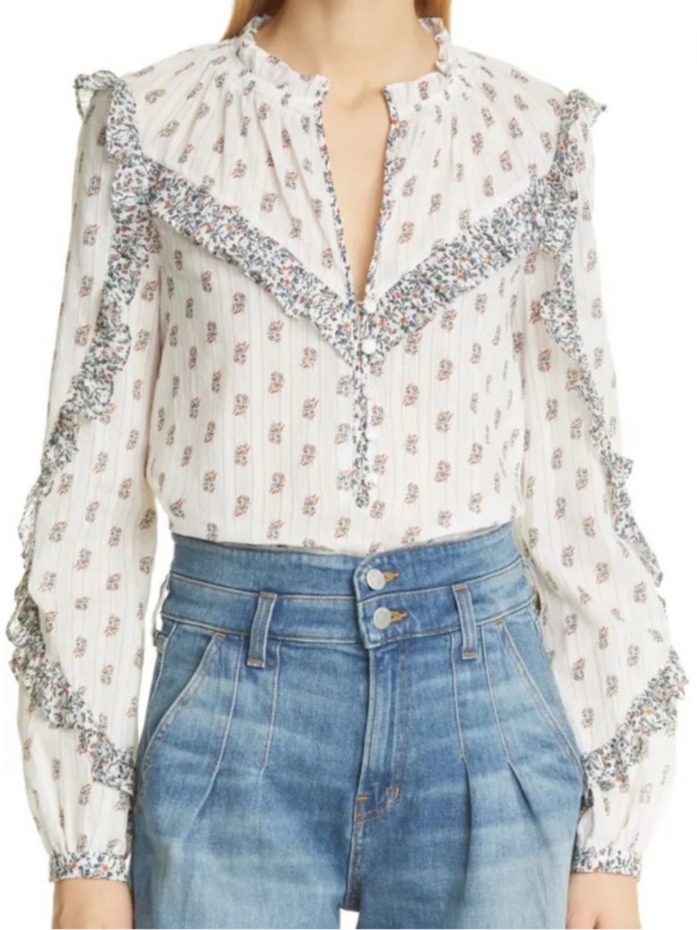 Veronica Beard White Cotton Abra Stamped Floral Long Sleeve V Neck Top Sz. 6